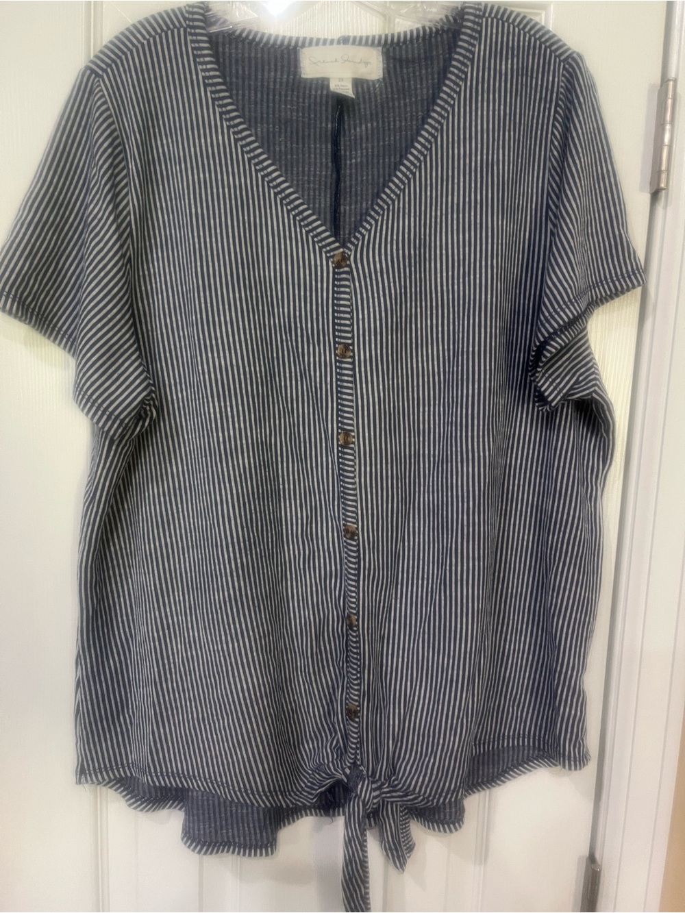 French Laundry Navy & White Striped Button-Front Tie-Hem Top